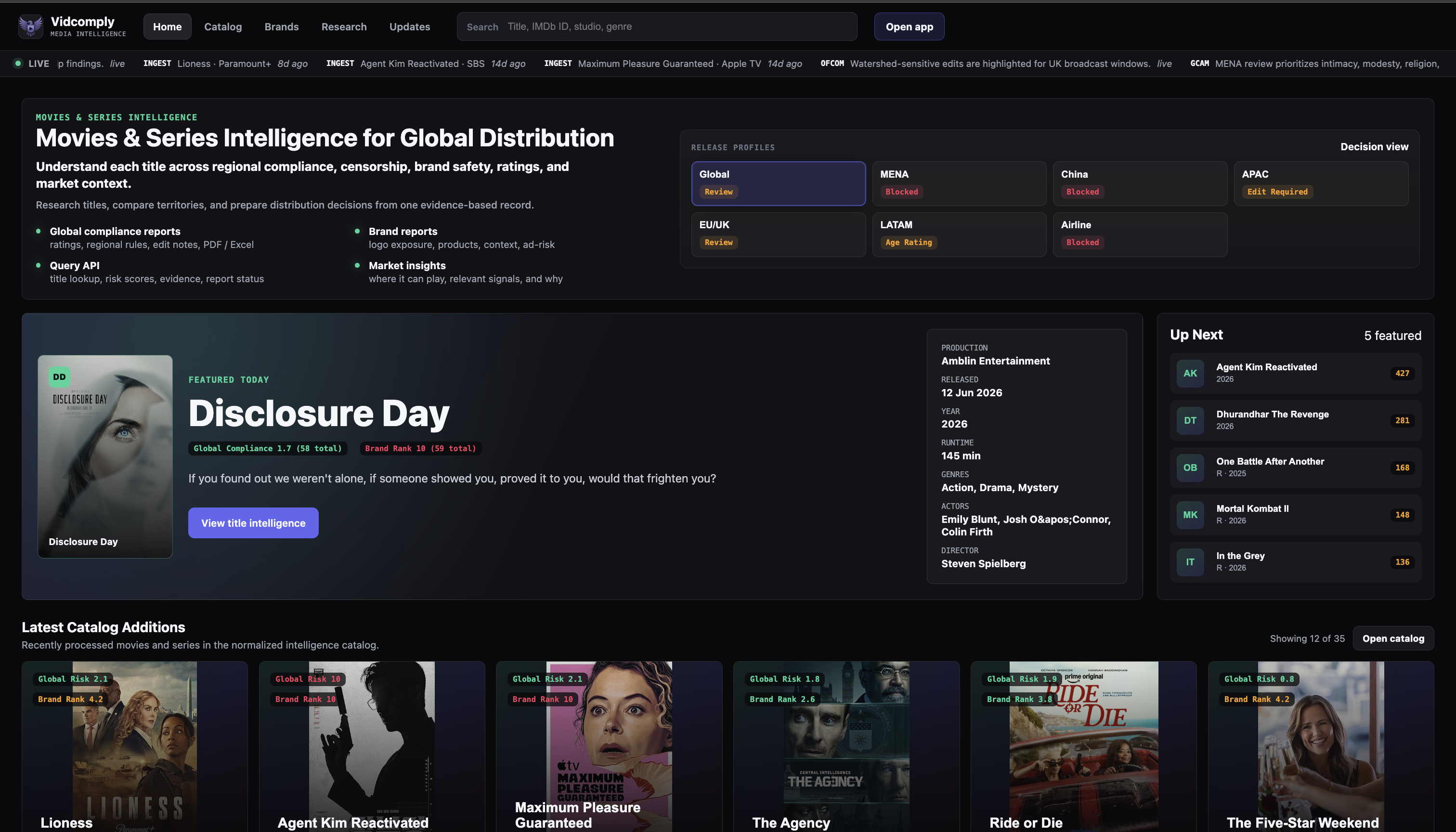 Actual Vidcomply Movies and Series Intelligence home page showing global release profiles, market decisions, featured title intelligence and recent catalog additions